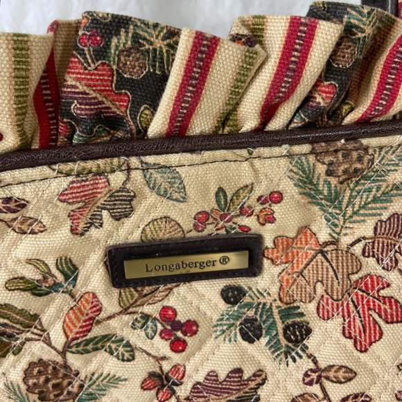 Longaberger Fall Print Tote Shoulder Handbag Beige Autumn Ruffle Top Vintage - Picture 7 of 8